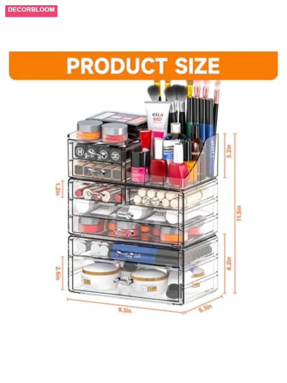 8-Drawer Acrylic Makeup Organizer with Stackable Storage for Vanity Desk
